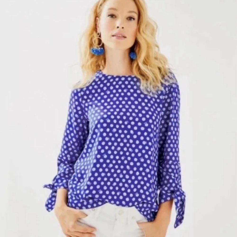 Lilly Pulitzer Langston  Polka Dot Blouse with Tie Sleeves Size Large